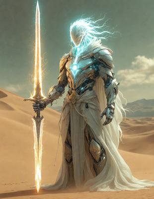 The primary subject of the image is a person dressed in a white robe, holding a sword. The setting is a desert environment, with a sandy surface visible in the background. The visual style appears to be a digital art or illustration, as the person is depicted with a futuristic, robotic appearance. The colors in the image are predominantly neutral tones, with the white robe and the sandy desert creating a calm and serene atmosphere.